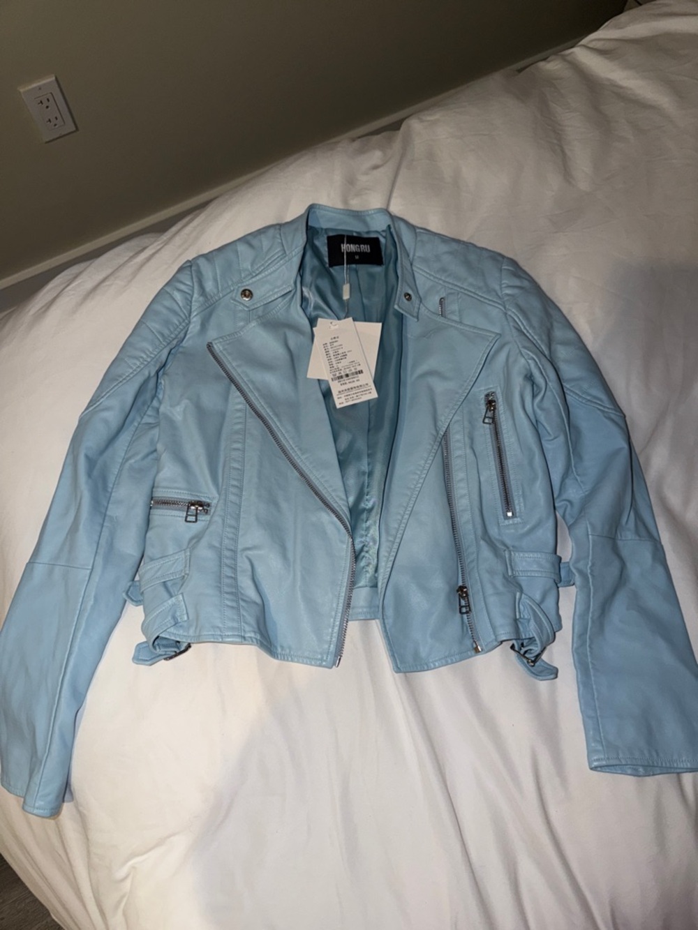 Hongru Light Blue Leather Moto Jacket